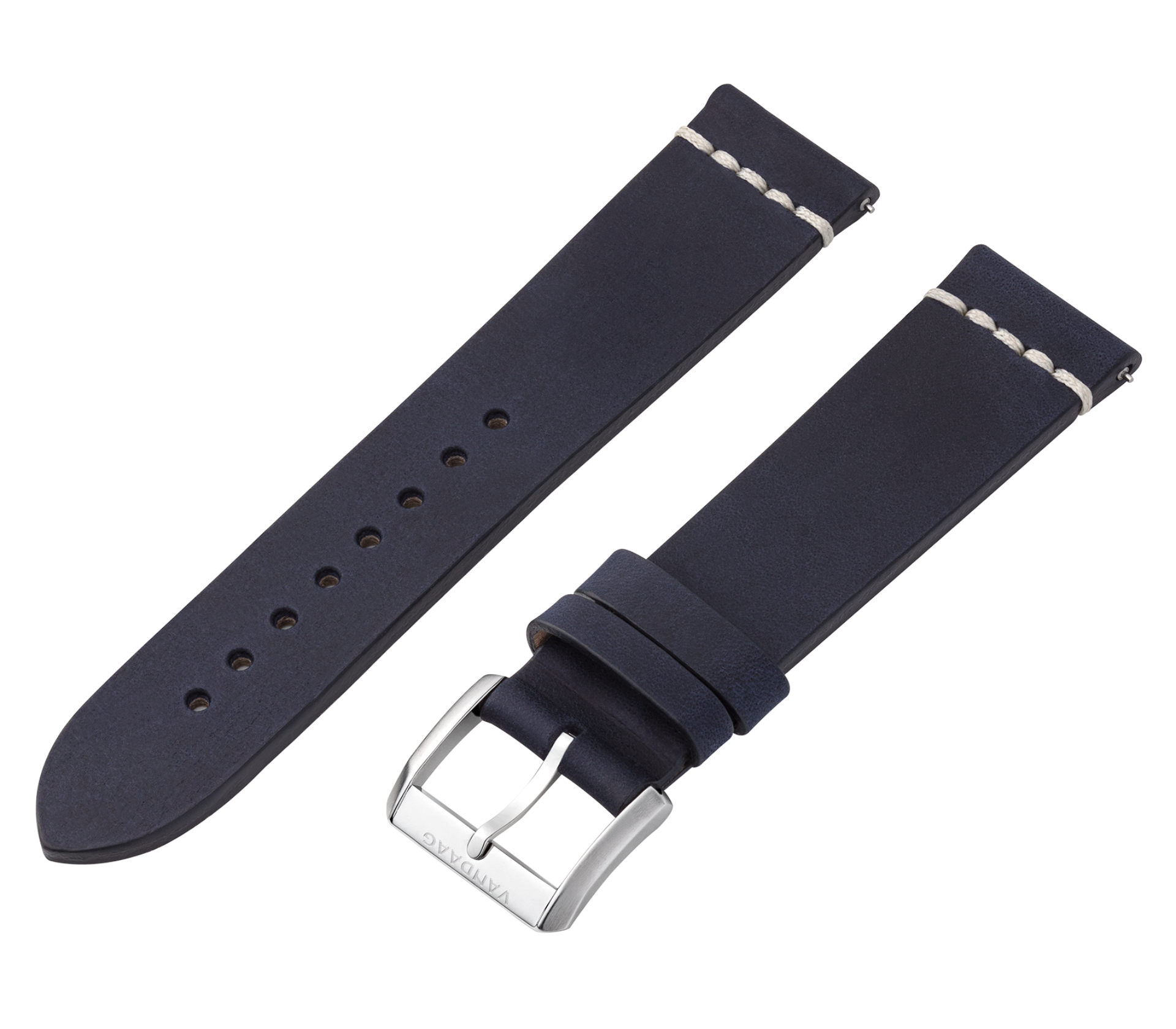 "Tweede Pelle" Rindslederband - 22mm, blau mit weißer Naht, Stahlverschluß 
