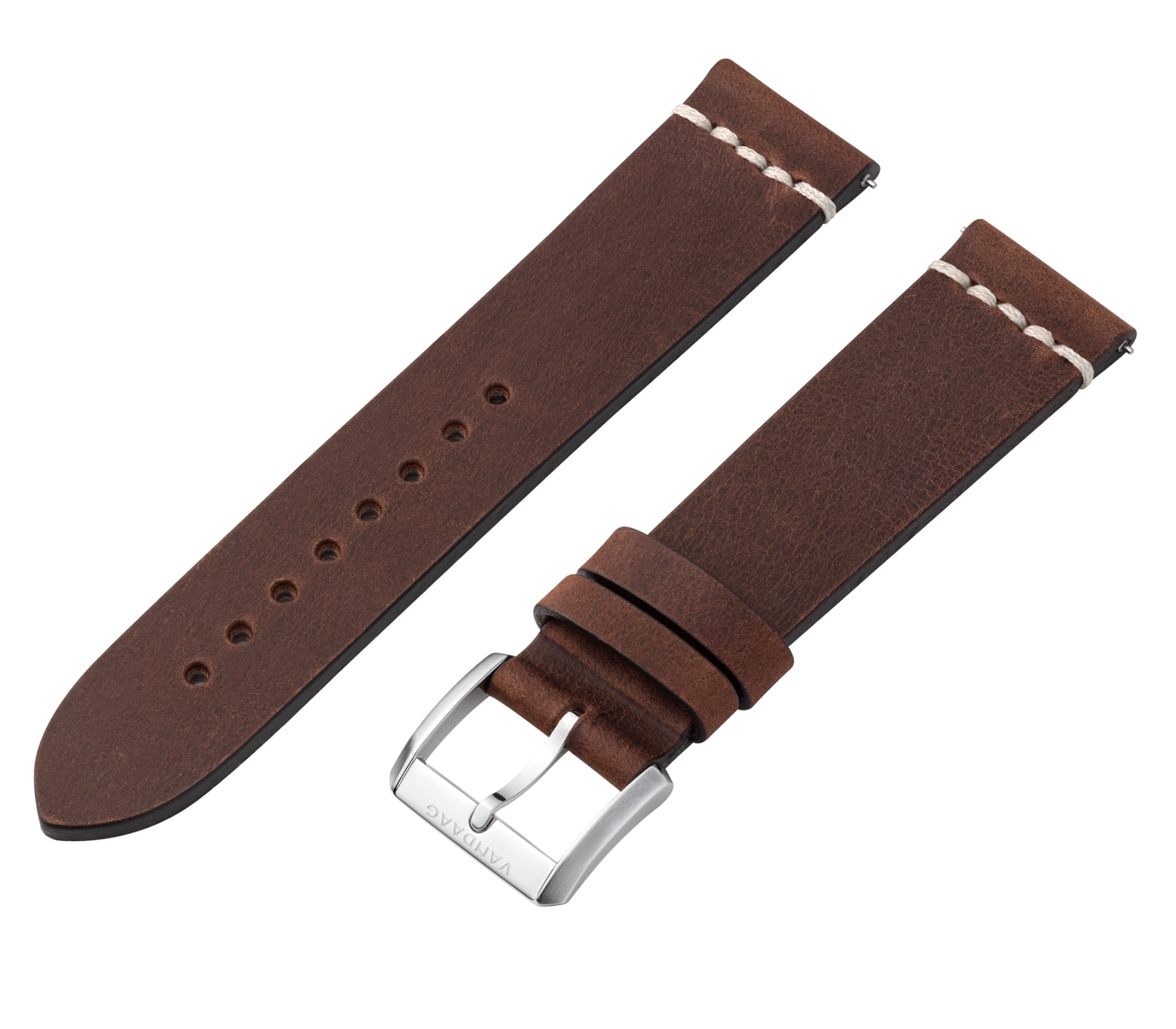 "Tweede Pelle" Rindslederband - 22mm, dunkelbraun mit weißer Naht, Stahlverschluß