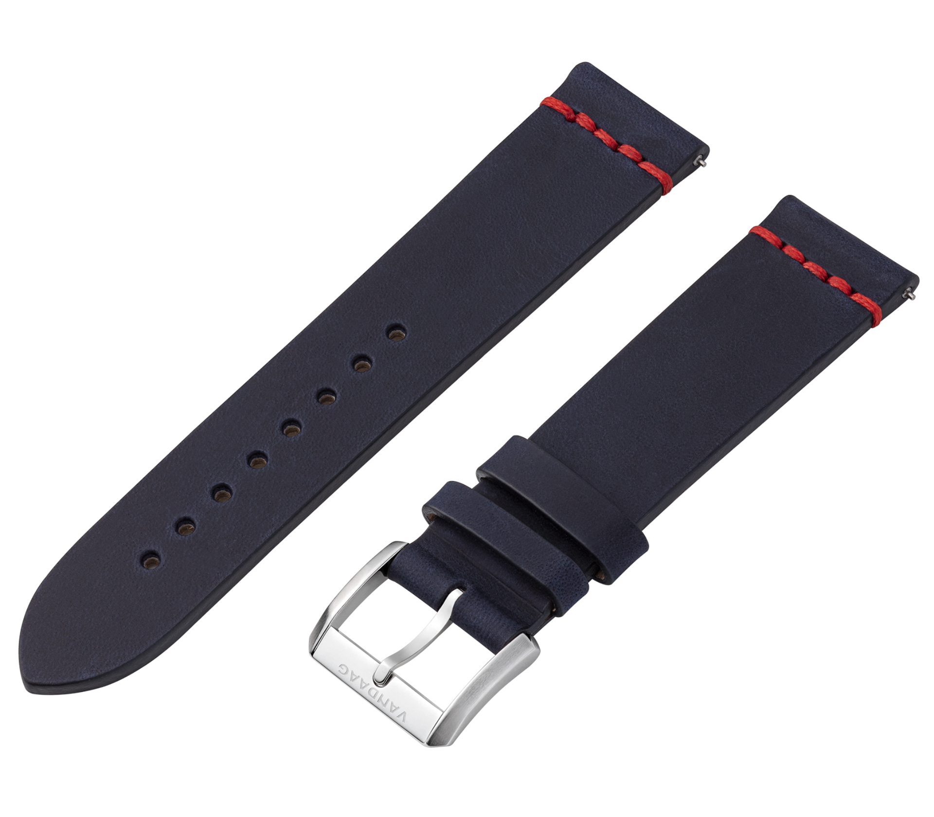 "Tweede Pelle" Rindslederband - 22mm, blau mit roter Naht, Stahlverschluß